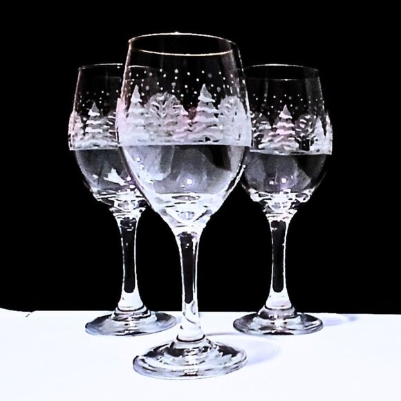 Libbey Other - Vintage Libbey Arbys Wine Glass Set of 3 Goblet Christmas Winter Snow Pine Tree